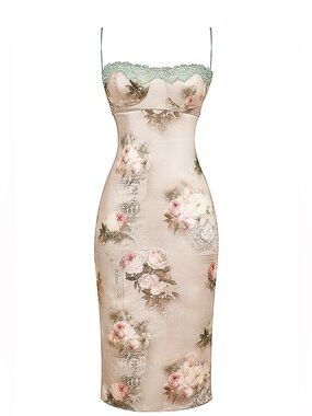 HOUSE OF CB VENUS Vintage Floral Midi Dress Lace-Trim Satin Slip Dress Champagne